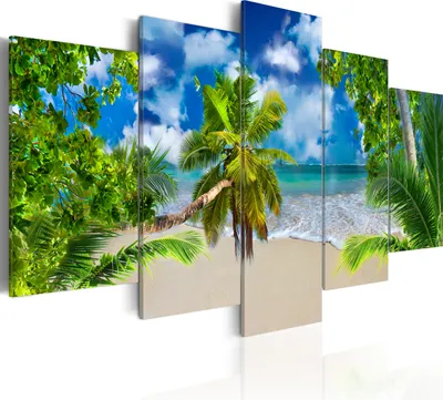 Zdjęcie produktu dla Obraz na płótnie morze i plaża 200x100 cm włóknina obraz na płótnie 5 szt. art print nowoczesna grafika ścienna XXL dekoracja ścienna projekt obraz na ścianę - krajobraz palmy niebo tropiki 030112-44