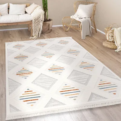 Produktbild von Teppich Wohnzimmer Kurzflor Boho Modern Ethno Skandi Geometrisch Fransen Grösse 80x150 cm