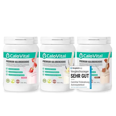 Produktbild von Trinknahrung hochkalorisch für Gewichtszunahme | Kohlenhydrate & Eiweiß als Kalorien Shake | Hochdosiert mit Vitaminen 3er Set Vanille-Erdbeere-Schoko