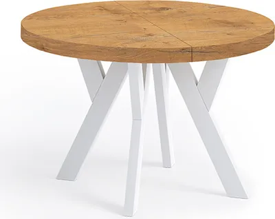Produktbild von Runder Ausziehbarer Tisch für Esszimmer, PERO, Loft-Stil, Skandinavische, Durchmesser: 110 / 160 cm, Farbe: Eiche Lancelot / Weiss