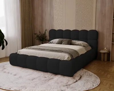 Image de BESILIO Lit rembourré bouclé 140x200 Chicago - mousse épaisse, coffre de rangement et sommier - Noir