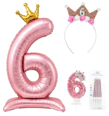Produktbild von Folienballon-Set – 9-teilig, mit der Zahl 6 – Partydekoration – Rosa