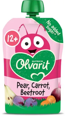 Zdjęcie produktu dla Olvarit Knijpfruit Gruszka Marchew Burak 12M+ 100g – owocowa przekąska dla maluchów