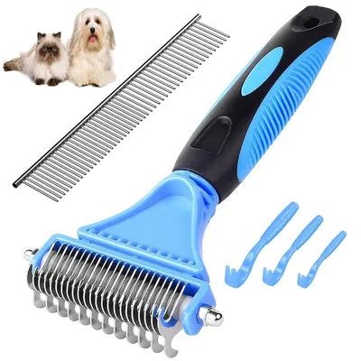 Immagine prodotto di Set per la rimozione del pelo superfluo e delle zecche per animali domestici | Pettine a doppia faccia con 12 e 23 denti | 3 dimensioni di pinzette per zecche