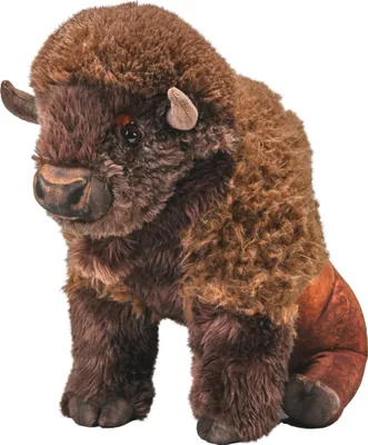 A plush toy bison is shown sitting against a white background.