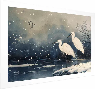 Produktbild von Posterpapier Poster - Herons over a Winter Pond - illustration in the Japanese style in dark colors 60x40 cm Tiere g-C-10168-ao-a