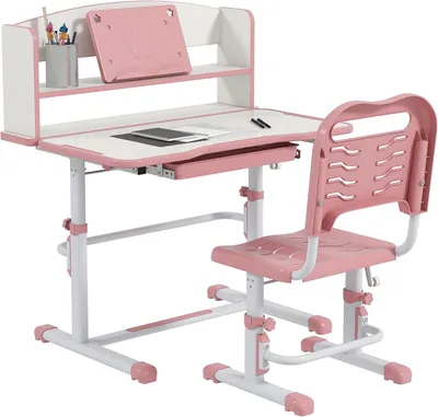 Produktbild von Rosa Kinderschreibtisch-Set mit Stuhl, höhenverstellbarer Schreibtisch mit Schublade und neigbarer Tischplatte, für Kinder von 6-12 Jahren