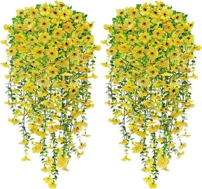 Zdjęcie produktu dla Ibenzoa® Sztuczne rośliny wiszące, 76 cm – zestaw 4 sztuk, żółte kwiaty wiszące z PVC, realistyczne i odporne na promieniowanie UV, dekoracja do wnętrz i na zewnątrz