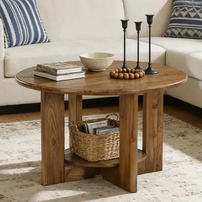 Produktbild von Tribesigns runder Couchtisch, runder Couchtisch aus Massivholz mit 2 Ablageflächen, kleiner Beistelltisch im Landhausstil, rustikales Braun