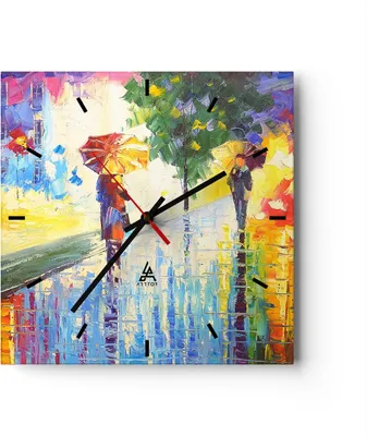 Produktbild von Wanduhr - Quadrat - Glasuhr - Park Straße Regen - 40x40cm - Schleichendes Uhrwerk - Lautlos - zum Aufhängen bereit - Dekoration Modern - Wanddekoration aus Glas - C3AC40x40-3508