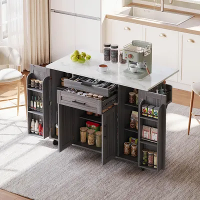 Image de MODFU Îlot de Cuisine Extensible - Meuble Mobile avec Plan Rabattable, Tiroir à Couverts et Rangement à Étagères Réglables - MDF, Gris, 136x70x92 cm
