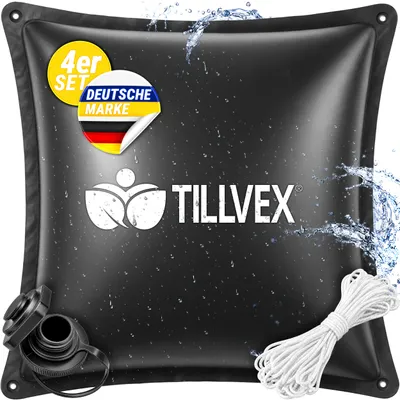 Obrázek produktu pro tillvex® Zimní plavecké polštáře 4 ks, rozměr XXL (120x120 cm), s 12 metrů lana a opravnou sadou | Nafukovací polštáře pro zakrytí bazénu, odolné vůči mrazu a chlóru, do -20°C | Zimní polštáře včetně ventilu s šroubením | Polštáře pro uskladnění bazénu v zimě