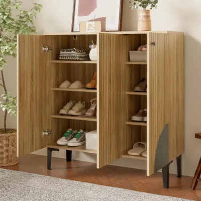 Produktbild von Moderner Schuhschrank,Schuhkommode in Holzoptik mit drei Türen, Stauraum und Ablage, Wohnzimmer - 90x32x94 cm