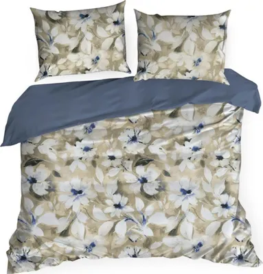 Image de EUROFIRANY | Parure de lit - 100 % coton - 160 x 200 cm - Parure de lit - beige bleu - Linge de lit - à fleurs