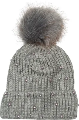 Produktbild von styleBREAKER Damen Strick Bommelmütze mit Perlen und Fleece Futter, warme Winter Fellbommel Mütze, Fake Fur 04024155