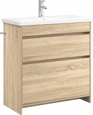 Immagine prodotto di Set di mobili da bagno in legno effetto Sonoma, dimensioni 81 x 40 x 84,5 cm, composto da mobile bagno con lavabo e rubinetto, e mobile sottolavabo in legno con 2 cassetti, ideale per il bagno