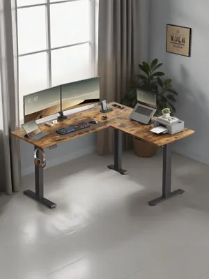Produktbild von Elektrisch höhenverstellbarer Eckschreibtisch mit Ladestation | Braun-schwarz | 160x140x72-120 cm