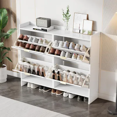 Produktbild von Moderner Schuhschrank, mit 4 Klappenfächern, freistehendem Schuhregal, offenen Ablageflächen, geeignet für Eingangsbereich oder Flur, Weiß, Maße: B110/H90/T24 cm