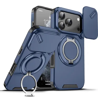 Immagine prodotto di Custodia a doppio strato per iPhone 17 Pro, con copertura scorrevole della fotocamera e supporto ad anello magnetico Blu