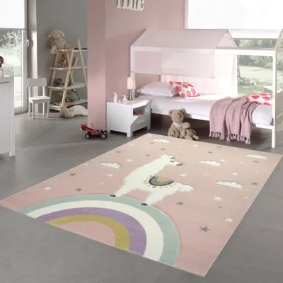 Produktbild von Kinderteppich Lama Spielteppich Lama Einhorn Teppich Regenbogen Wolken in Rosa Größe - 200 x 290 cm