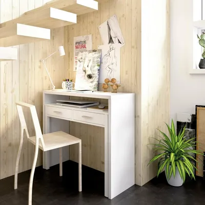 Produktbild von Schreibtisch Dghelle, Multipositionsschreibtisch mit ausziehbarer Platte, lineare Arbeitskonsole mit 2 Schubladen, 99 x 70 x 88 cm, Weiß