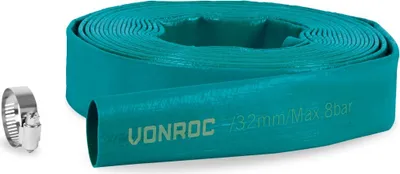 A teal colored flat hose coiled up, with a silver hose clamp next to it, on a white background.