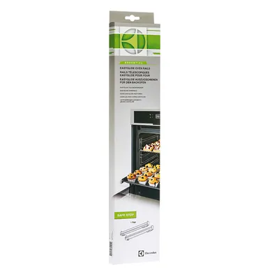A product box for Electrolux oven rails, showing a picture of an oven with the rails extended and muffins on them.