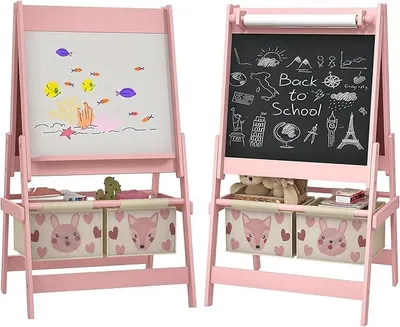 Produktbild von Kindertafel, 3 in 1 Kinder Staffelei, Doppelseitige Kinder Spieltafel, Whiteboard & Kreidetafel, Standtafel mit Papierrolle, 2 Aufbewahrungsboxen, Anderem Zubehör