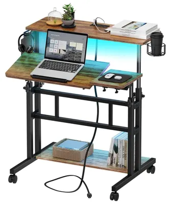 Image de Bureau debout réglable en hauteur, avec prises électriques et éclairage LED, dimensions 80x60 cm, couleur marron vintage