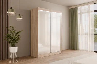 Produktbild von ALTDECOR Kleiderschrank mit Lacobel-Schiebetüren, kugelgelagerte Führungsschienen und Aluminium- Leisten, LED-Beleuchtung (weiß + 16 Farben) und Fernbedienung - PEKA - 150 cm Sonoma /  Weiß
