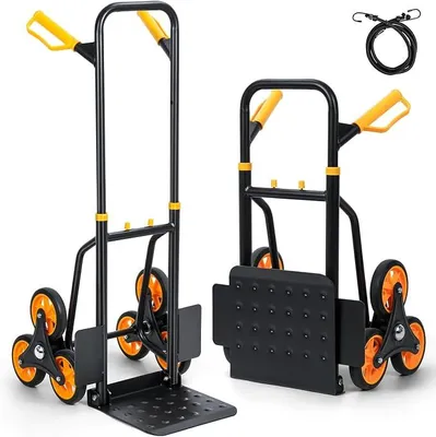 Immagine prodotto di Carrello pieghevole per scale, capacità di carico 200 kg, con ruote in gomma dura e struttura in acciaio, ideale per traslochi e trasporto di oggetti pesanti. Carrello per scale, colore nero