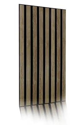A single wall panel with vertical wooden slats and black gaps between them, presented against a white background with a reflection.