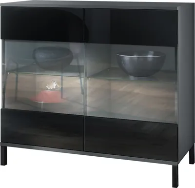 Produktbild von Vladon Kommode Bari V3, Moderner Küchenschrank mit 2 großen Glastüren inkl. RGB Beleuchtung Anthrazit matt / Schwarz Hochglanz (92,5 x 83.5 x 35)