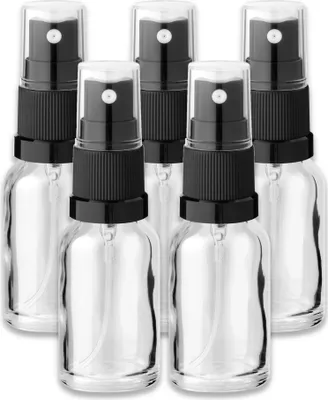 Produktbild von 5x Glasflasche klar 15 ml mit schwarzem Zerstäuber Sprükopf Pumpspray