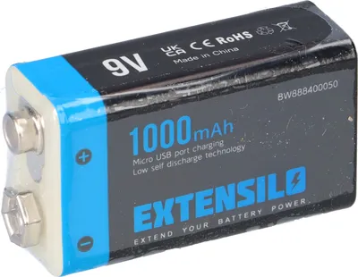 Produktbild von INTENSILO 9V-Akku Block Blockbatterie kompatibel mit diverse Geräte (1000mAh, 9V, Li-Ion), wiederaufladbar, ready-to-use, mit Micro USB Buchse