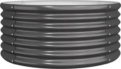 A dark gray, corrugated metal raised garden bed is shown against a white background.