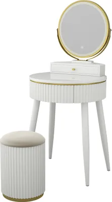 A white vanity table with a round LED mirror and a matching stool, set against a white background.