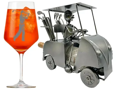 Produktbild von Weinglas mit Gravur Golfer Set mit Weinflaschenhalter für Golfliebhaber ideal für Anlässe