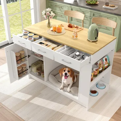 Produktbild von Kücheninsel Weiß 120x60x90 cm mit 3 Schubladen, Gewürzablage & verstellbaren Regalböden, multifunktionaler Schrank