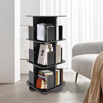 Produktbild von Drehbares Bücherregal - Freistehendes 3-stöckiges Standregal - 360° drehbar - Platzsparend - Mit Sicherheitskante - Schwarz