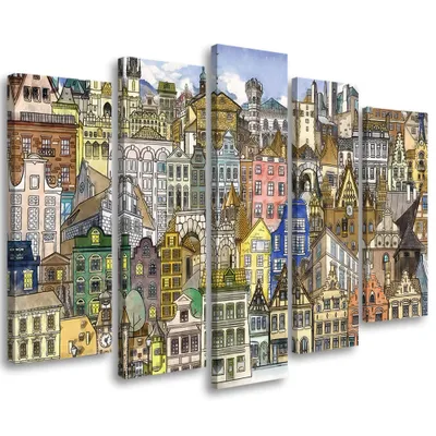 Produktbild von 5-teiliges leinwandbild fröhliche stadt 100x70 cm Feeby farbe wandbild bereit zum aufhängen