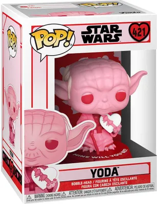 A Funko Pop! vinyl figure of Yoda from Star Wars, presented in its original packaging with a Valentine's Day theme.
