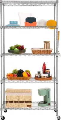 Produktbild von 5 Etagen Metallregal Höhenverstellbar mit Rädern und Haken, Verlängerung, 76x35x152cm, silber