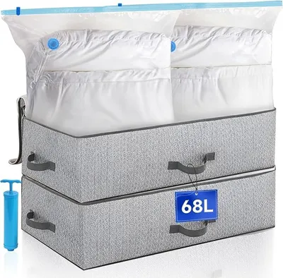 Productafbeelding van PolkaHome® 2-delige set onderbed-opbergboxen met deksel + 2 vacuümzakken + handpomp, opvouwbaar, 80x47x15 cm
