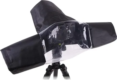 A camera rain cover is shown on a tripod against a white background.