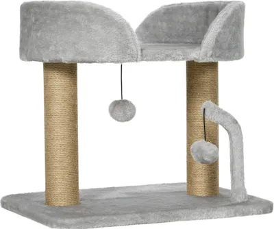 Image de PawHut Arbre à chat grattoir design avec jeu 2 pompons suspendus 2 poteaux jute + plateforme peluche - 48 x 38 x 42 cm - gris