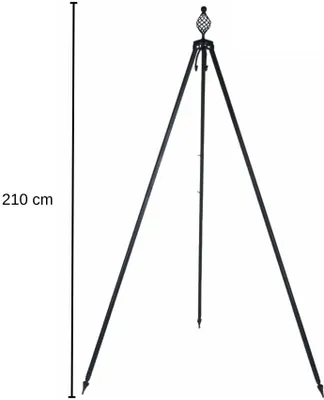 A black metal tripod grill stand with a decorative top.