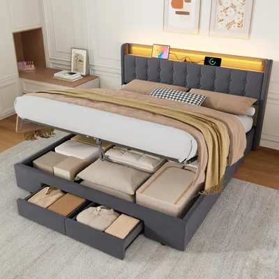 Produktbild von MODFU Polsterbett 180x200 Jugendbett mit LED-Licht und Steckdosen,Boxspringbett Bettgestell mit Schubladen und Bettkasten,Stauraumbett,Grau (ohne Matratze)