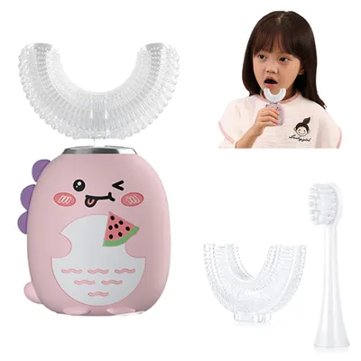 Produktbild von Elektrische Zahnbürsten, Elektrische Kinderzahnbürste, U-förmige 3er-Set, 360° Zahnreinigungs-Silikonzahnbürste,Wasserdichte Vibrationszahnbürste,Rosa