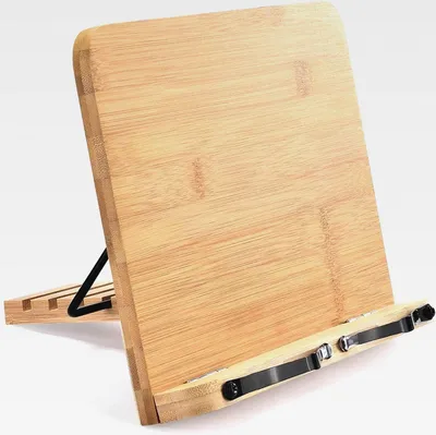 Produktbild von Buchständer aus Holz und Kochbuchständer mit verstellbaren Winkeln Buchhalter zum Lesen freihändig stabiler Kochbuchhalter Rezeptbuchhalter mit Büroklammern hält Bibeln, Lehrbücher (34 x 23,9 cm)
